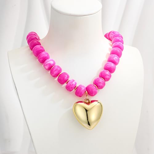 WOWORAMA Chunky Heart Necklaces for Women Colorful Resin Beaded Choker Necklace Gold Puffy Heart Statement Necklace Trendy Acrylic Choker Jewelry - color: Rose-Red