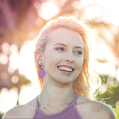 Boho Raffia Ball Earrings for Women, Handmade Statement Drop Earrings Straw Dangle Earrings Beach Vacation Jewelry - color: Purple