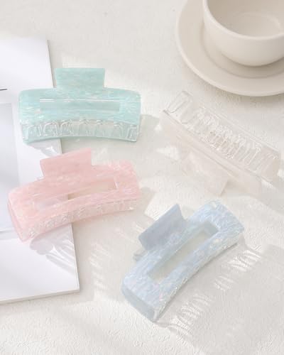 4Pcs Large Acrylic Hair Claw Clips, Nonslip Cute Hair Clips for Thick Hair and Long Hair, Rectangle Marble Claw Clips Hair Accessories for Women and Girls - color: White + Pink + Blue + Cyan