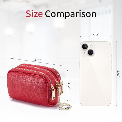 SENDEFN Small Coin Purse Leather 3 Zippered Change Pouch Wallet with Key Ring for Women - color: 1-Red