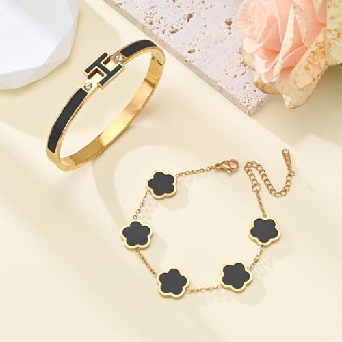 H Bangle & Clover Bracelet for Women - Stainless Steel Fashion Jewelry - 18K Gold Plated H Bangle and Lucky Five Leaf Clover Bracelet - Elegant Bracelets Set - Gift for Women - color: Gold-Black Set
