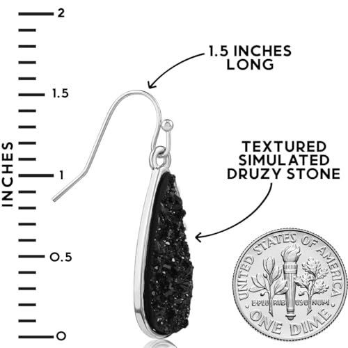 Teardrop Dangle Earrings for Women with Simulated Druzy Stones, in Gold or Rose Gold Tone - color: Silver - Black Stone
