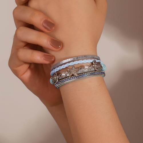 FANCY SHINY Turtle Starfish Leather Wrap Bracelet Boho Rhinestone Pearl Cuff Bracelets for Women Summer Beach Jewelry for Women - color: Blue