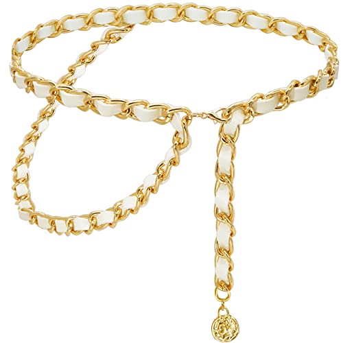 YooAi Chain Belts Leather Waist Belt for Women Layered Metal Chain Belt - size: XS/S: fits waist from 26"-30", style: White