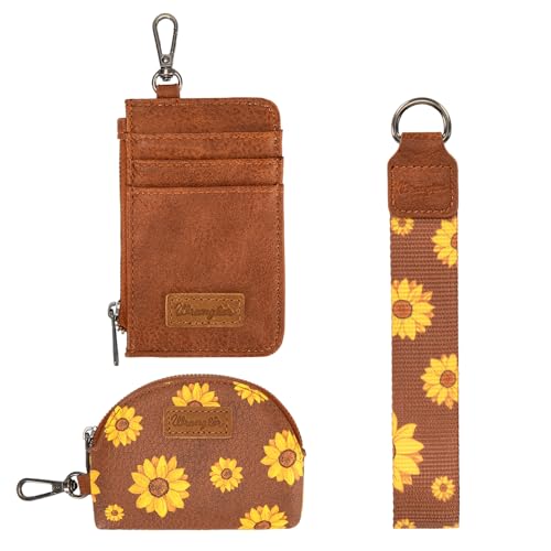Wrangler KeyChain Wristlet Wallets for Women Sunflower Floral Dual Pouch Wristlet Western Credit Card Holder Wallet with Zipper Pocket - color: Sunflower Brown