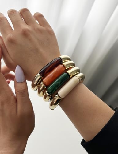iF YOU 6pcs Chunky Acrylic Bangle Bracelets for Women, Resin Bamboo Brown Stretchy Bracelet Stack, Fashion Jewelry for Women - color: 4 Green & Orange bangles
