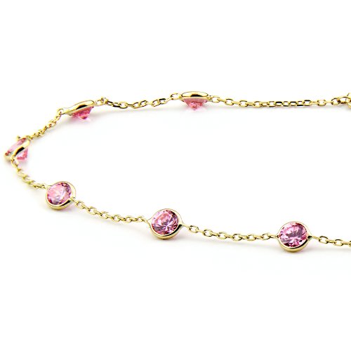 14K Yellow Gold Station Bracelet With 4mm Pink Cubic Zirconia By The Yard 7-8.5 Inch - size: 8 Inches