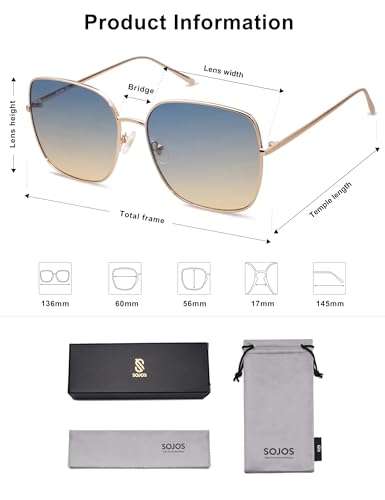 SOJOS Trendy Oversized Square Metal Frame Sunglasses for Women Men Retro Big Flat Lens UV Protection Sunglasses SJ1146 - color: Rose Gold/Gradient Bluish-brown