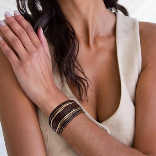 Long tiantian Boho Bracelets for Women Western Jewelry for Women Leather Wrap Bracelets Stackable Bangle Western Outfit for Women - color: surfer bracelets(black)
