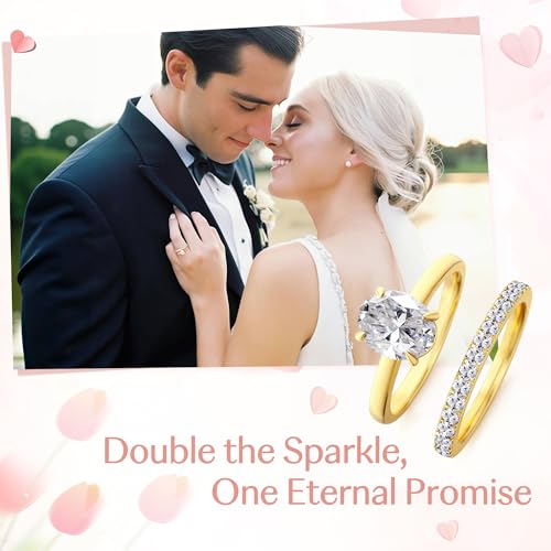 Engagement Rings for Women,Two-in-One Halo Wedding Promise Cubic Zirconia Band,18K Gold Plated Stainless Steel Wedding Ring Set for Women,Promise Ring for Anniversary or Proposal - size: 8, style: Wedding Ring Set