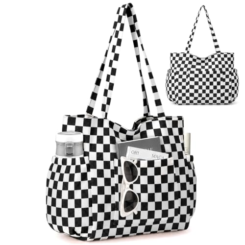 Corduroy Tote Bag for Women,Large Capacity Cute Tote Bags With 6 Pockets,Crossbody Shoulder Handbag for Work Travel Gym - color: Black White Checkered