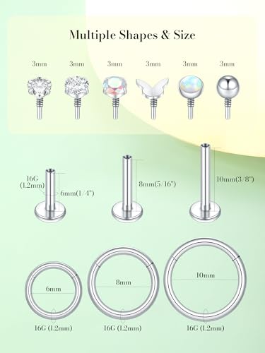 Oveta 16G 18G Flat Back Studs Earrings for Tragus Cartilage Piercing Jewelry, Surgical Steel Nose Rings Hoops 6/8/10mm, Silver/Gold - color: Silver, size: 16g*6/8/10mm bar