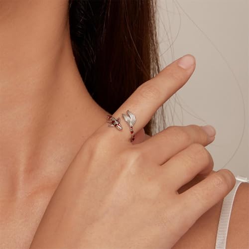 BISAER 925 Sterling Silver Ring Adjustable Cute Unique Cat Snake Butterfly Dragonfly Fashionable Ring For Women Jewelry - color: red fish