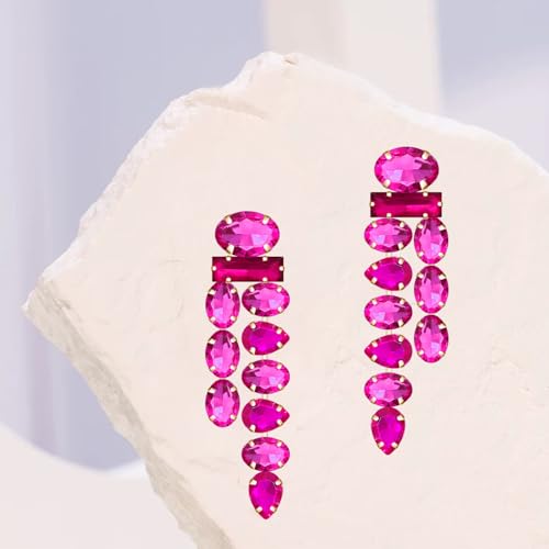 Boho Large Sparkly Rhinestones Teardrop Drop Dangle Earrings Long Tassel Full Crystals Chain Earrings for Women Wedding - style: Rose Red