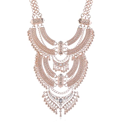 YAZILIND Clavicle Chunky Bib Necklace Layered Tassels Rhinestone Exaggerated Vintage Ethnic Long Engraved Bohemian Statement - color: Rose Gold