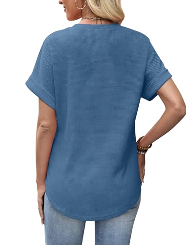 Sampeel Summer Tops for Women 2026 Trendy Rolled Short Sleeve Shirts Waffle Knit Crew Neck Tops Curved Hem Fashion Clothing - color: Blue, size: Small