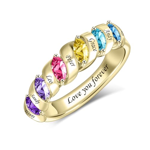 MissNaNa Mothers Ring With 1/2/3/4/5/6 Birthstones Personalized Engraved Name Rings for Women Stacking Birthstone Ring for Mom Grandma Daughter Wife Birthday Christmas Gift - color: 6 Birthstones