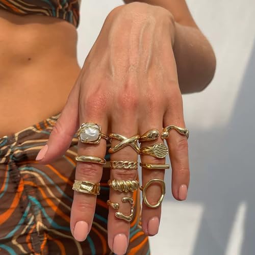 Gold Rings for Women Non Tarnish Stackable Rhinestone Moon Star Rings Dainty Stacking Pearl Butterfly Midi Pinky Thumb Joint Finger Knuckle Ring Set Gold Non Tarnish Jewelry Gifts Trendy Stuff - color: G Chunky Gold Rings 12Pcs