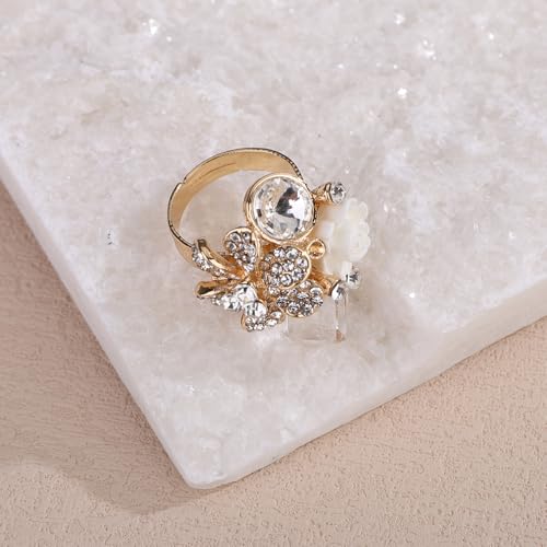Jumwrit Shiny Crystal Flower Ring Statement Adjustable Open Band Wrap Finger Ring Square Rhinestone Floral Cocktail Ring Party Bridal Wedding Jewelry Vintage Boho Knuckle Ring for Women - color: Gold