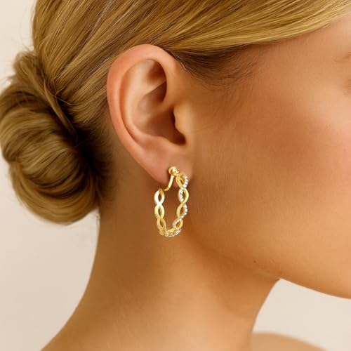 Clip On Hoop Earrings for Women,Cubic Zirconia CZ Gold Silver Plated Twisted Drop Clip On Earings for Non Pierced Ears Lightweight Jewelry Gifts - color: Gold