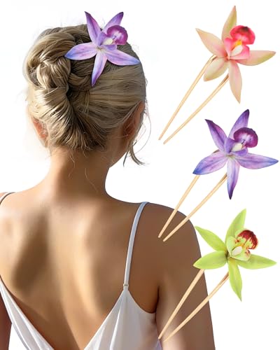 WELROG 3 Pack Hawaiian Orchid Flower Hair Pins,Metal Hair Sticks for Beach Vacation,Non-Slip Fork for Thick Hair Updo - color: Purple+Pink+Green