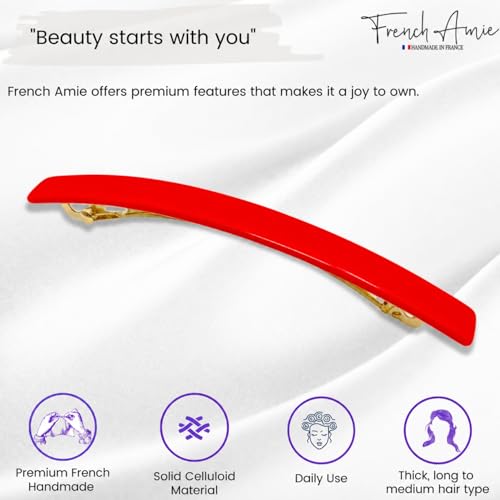 French Amie Long and Skinny Bar Large 4 1/4" Cellulose Acetate Handmade Automatic Hair Clip Barrette with No Slip Sturdy Silver Clasp for Women and Girls, Made in France (Red) - color: Red