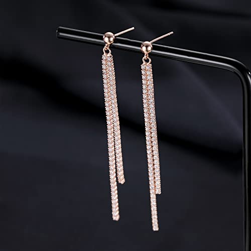 SLUYNZ 925 Sterling Silver Simulated Diamond Drop Earrings Linear Dangle Earrings for Women Teens Eelgant Wedding Bridal Prom Earrings Dainty CZ Long Dangling Earrings Tassel 4.5 cm/7.5 cm - color: C-Rose Color-6.3cm