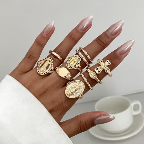 10Pcs Retro Gold Stackable Rings Sets for Women Trendy Vintage Cross Rings Pack Chunky Knuckle Finger Ring Minimalist Statement Jewelry - color: Gold