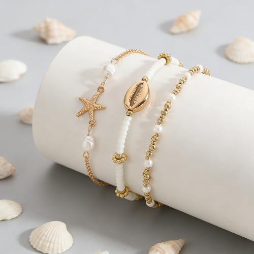 Starfish Seashell Ankle for Women ，14K Gold Bead Handmade Adjustable Plated Boho Shell Anklet ， Foot Chain Jewelry for Summer Beach Vacation - color: Starfish 3Pcs
