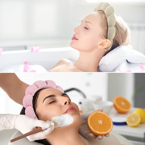 Ztomine Headband, Set of 2 - Terry Cloth Spa Headbands for Washing Face or Facial, Puffy Makeup Headbands for Face Washing, Mask - 1 Beige + 1 Pink - color: beige + pink