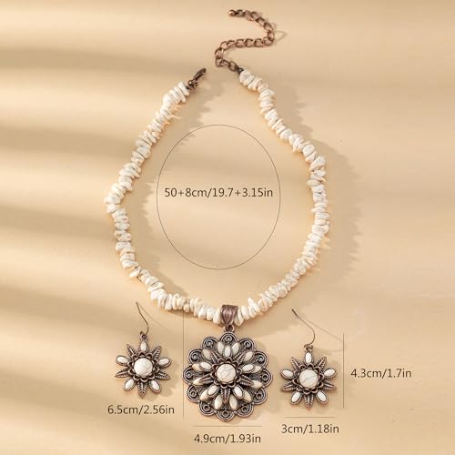 4 PCS Western Turquoise Jewelry for Women Boho Vintage Navajo Pearl Necklace Earring Bracelet Ring Set Country Cowgirl Accessories for Gift - color: F-White