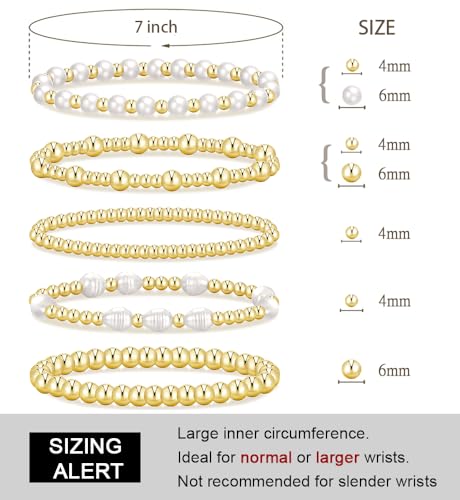 Gold Beaded Bracelets for Women, 14K Real Gold Plated Jewelry for Women Dainty Pearl Bead Bracelets Stack, Non Tarnish Trendy Stackable Ball Cross Stretch Bracelet Set Fashion Accessories Gifts - color: 5 PCS Gold pearl