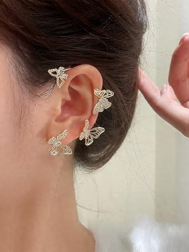 2Pcs Rhinestone Butterfly Earrings Ear Cuffs Non-Pierced Fake Earrings Butterfly Climber Wrap Around Earring Dainty Adjustable Ear Clip Jewelry for Women - color: Style7-gold