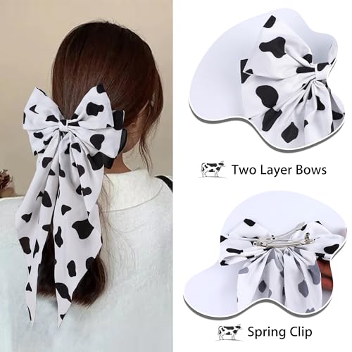 2 PCS 7In Cow Hair Bows Clips for Women Girls, Big Cow Print Long Tail White Black Hair Bow Large Hair Ribbon Barrettes Metal Clips Bowknot Aesthetic Hair Accessories Gifts (Black White)
