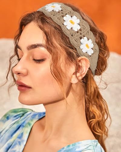 HAIMEIKANG Hippie Hair Bandanas Headbands for Women Boho Headband Knit Hair Bands Floral Head Wrap for Girls(Black+Coffee+Beige) - color: Black+Coffee+Beige
