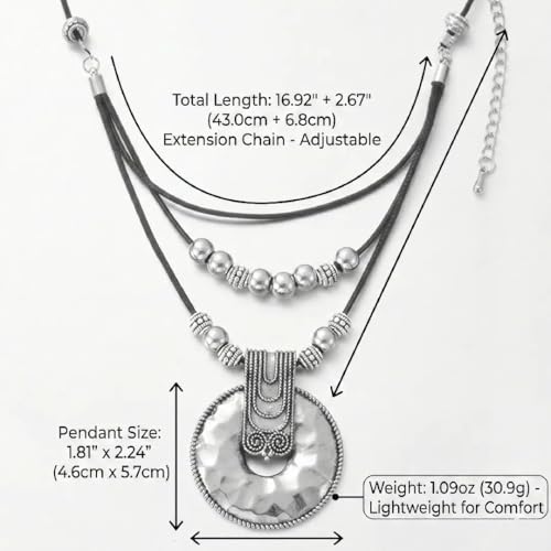 Chunky Boho Leather Necklace for Women,Silver Vintage Long Necklaces Hammered Circle Pendant Beaded Necklace Trendy Jewelry Gifts for Women