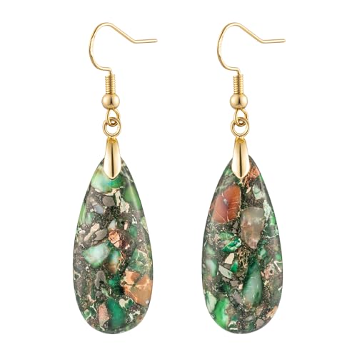 Stone Drop Earrings for Women Earrings Teardrop Jasper Stone Dangle Earrings - color: Brownish Green-Golden Hook