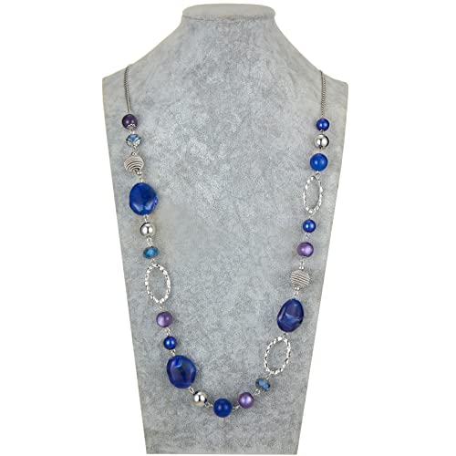 BULINLIN Beaded Long Necklace for Women Silver Sweater Chain Necklace with Crystal Resin Beads, Fashion Jewelry Necklace - color: Sapphire