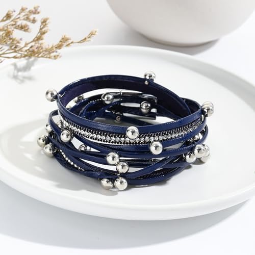 VIBILIA Boho Leather Wrap Bracelets for Women Multi-Layer Bracelets with Strong Clasp Jewelry for Women - color: 07-Beads-Blue