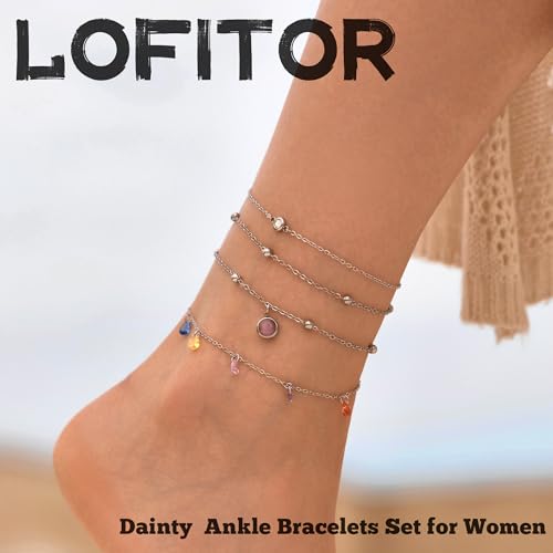 LOFITOR Ankle Bracelets for Women Glitter Waterproof Adjustable Anklet Set for Women 18K Gold Plated Silver Charm Dainty Layered Anklets, Summer Beach Anklet Jewelry for Women - style: Color CZ Silver