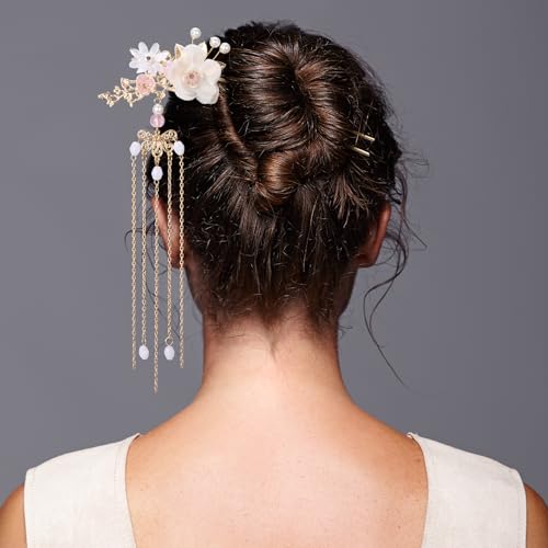 HINZIC 5PCS Silk Flower Tassels Hairpin, Crystal Rhinestone Pearl Hair Clips Headpiece Retro Flower Chinese Hanfu Wedding Brides Hair Accessories Jewelry for Women Girls Updo Long Hair - color: Pink-3pcs