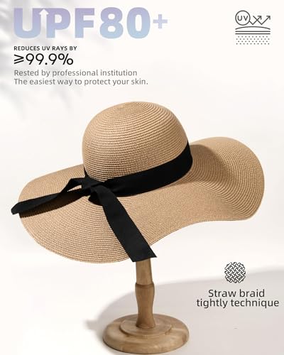 FURTALK Womens Sun Straw Hat Wide Brim UPF 80 Summer Hat Foldable Packable Floppy Beach Hats for Women - color: Khaki, size: Large-X-Large