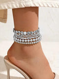 6Pcs Beaded Anklets for Women Elastic Stretch Ankle Bracelets Set Gold Silver Tone Boho Star Disc Charm Foot Jewelry Beach Gift - color: Silver