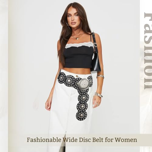 Wide Disc Belt for Women Vintage Leather Hollow Out Round Belt Western Waist Belt - color: Silver Black, size: S (39.7 in)