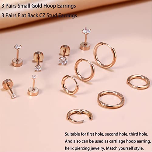 Dainty 6 Pairs Surgical Steel Earrings Sets for Multiple Piercing, Lightweight 14K Gold Plated Small Huggie Hoop Earrings, Flat Back Tiny Ball CZ Stud Earrings for Cartilage, Helix, Lobe, Hypoallergenic - style: Rose Gold- Huggie Hoops and CZ Studs