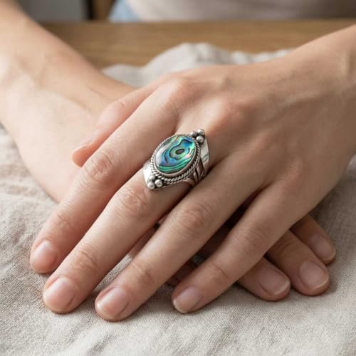 Handmade 925 Sterling Silver Plated Ring Natural Gemstone Carnelian, Rose Quartz, Tiger Eye, Crystal Oval Boho Jewelry For Women - color: Abalone Shell