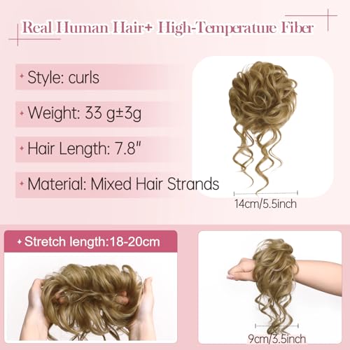 Messy Bun Piece Human Hair for Women Tousled Updo Extension Wavy Curly Buns Scrunchie with Tendrils, Natural Full Chignon Hairpiece for Thin Fine Hair Ladies Dirty Blonde 33g - color: Golden Honey Blonde