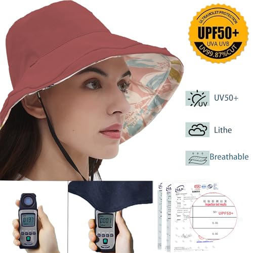 vidsel Womens Sun Hats Wide Brim Reversible Bucket Cotton Hat Packable Summer Travel Cap with Hat Clip,UV Protection - color: Wine Red2, size: Medium