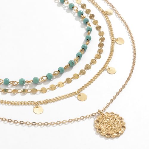 Gold Stack Necklace Chunky Necklaces for Women Trendy Coin Pendant Long Necklaces Western Jewelry for Women Cowgirl Cowboy Chic Country Outfit Boho Accessories Birthday Jewelry Gifts - color: B Boho Turquoise Necklaces