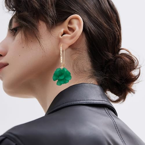 Boho Flower Dangle Earrings for Women Long Drop Resin Acrylic Tiered Petal Statement Earrings Handmade Lightweight Vintage Floral Chunky Drop Jewelry - color: Green